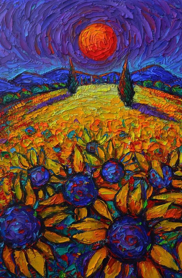 PROVENCE NIGHT MOON OVER SUNFLOWERS FIELD textural impasto knife oil painting Ana Maria Edulescu Painting by Ana Maria Edulescu