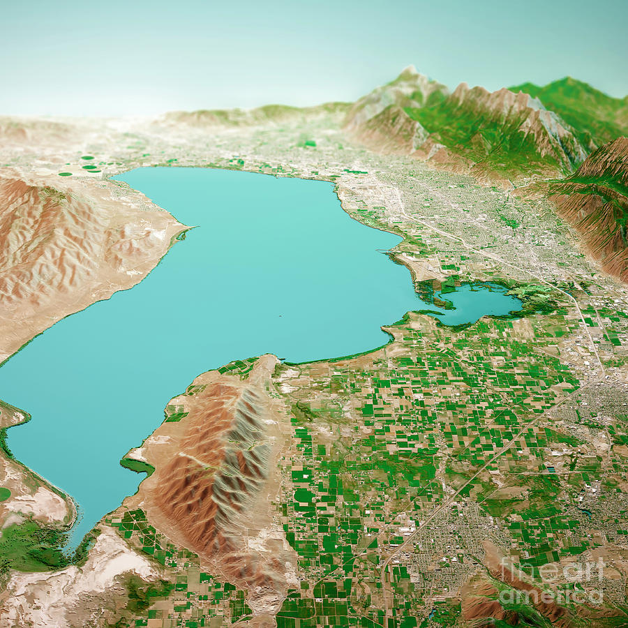 Provo Utah Lake 3D Render Aerial Horizon View From South Aug 201