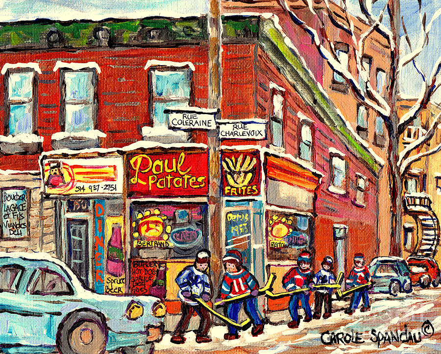 Psc Street Hockey Painting Canadian Winter Scene Rue Coleraine And Charlevoix C Spandau Corner Store Painting by Carole Spandau