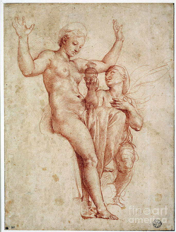 16th Century Drawing - Psyche Presenting To Venus The Water Of The Styx. Drawing A La Sanguine By Raffaello Sanzio Dit Raphael by Raphael