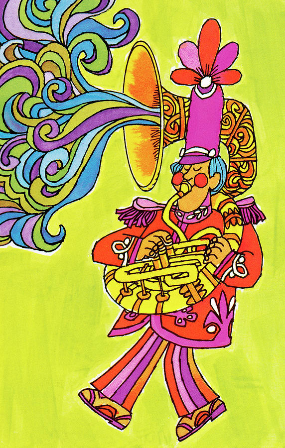 Music Drawing - Psychedelic French Horn Player by CSA Images