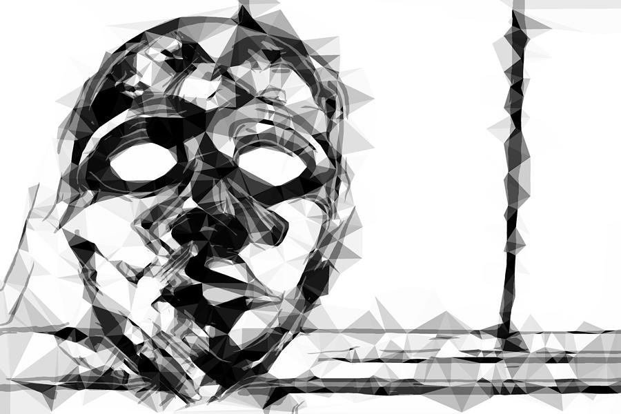 Psychedelic Geometric Polygon Pattern Face Portrait In Black And White Digital Art