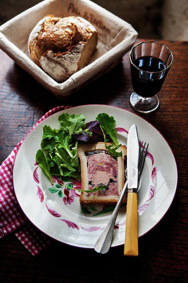 Pt En Croute With A Mixed Leaf Salad, Bread And Red Wine Photograph by Roger Stowell