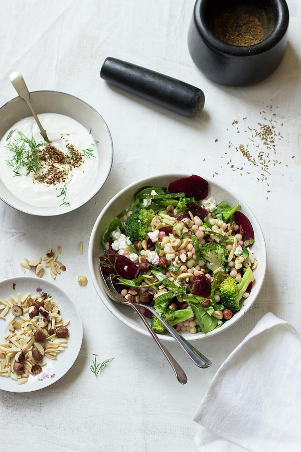 Ptitim Salad With Broccoli, Beetroot, Almonds, Olives And Feta Cheese Photograph by Zuzanna Ploch