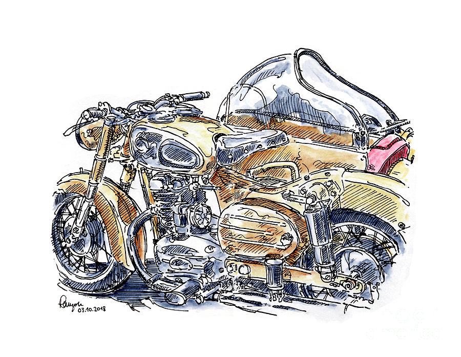 Puch 250 SGA Motorcycle Sidecar Ink Drawing and Watercolor Drawing by ...