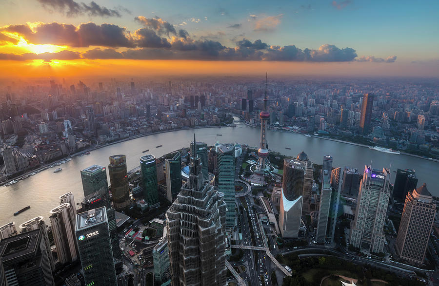 Pudong Skyline And Huangpu River At Sunset, High Angle View, Shanghai ...