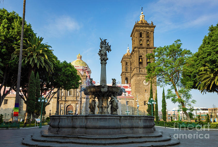Puebla Cathedral and Fountain Photograph by Inge Johnsson