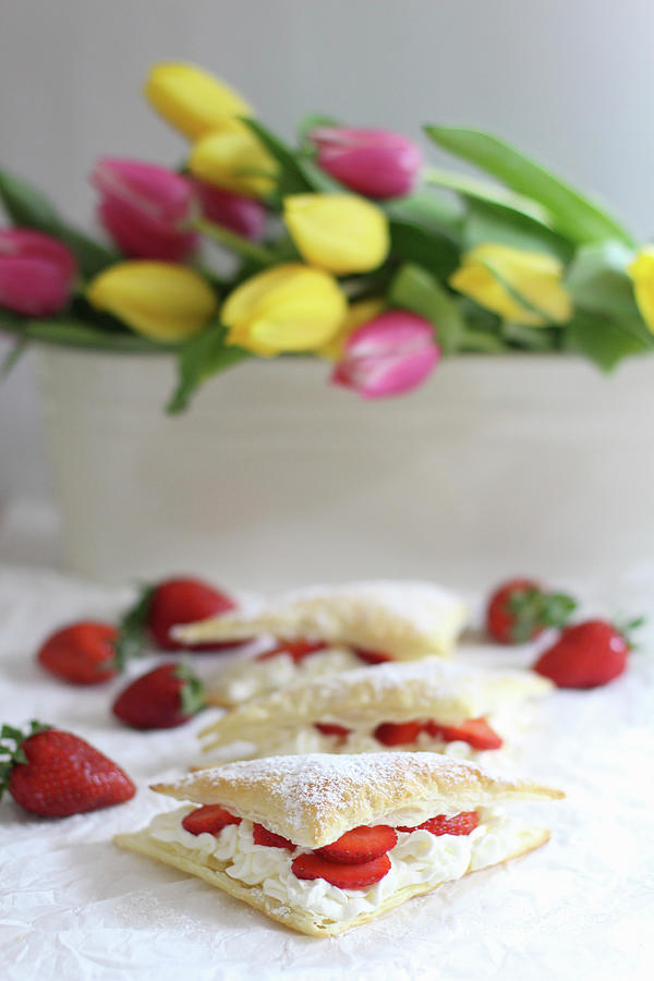 Puff Pastries With Cream And Strawberries Photograph by Sylvia E.k Photography