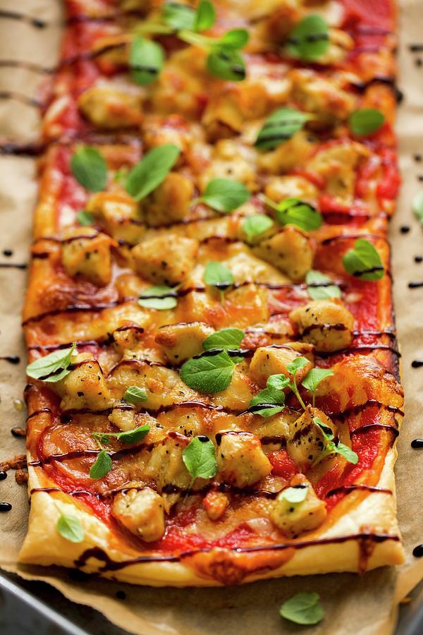 Puff Pastry Pizza Topped With Barbecue Chicken Photograph by Sandra Krimshandl-tauscher