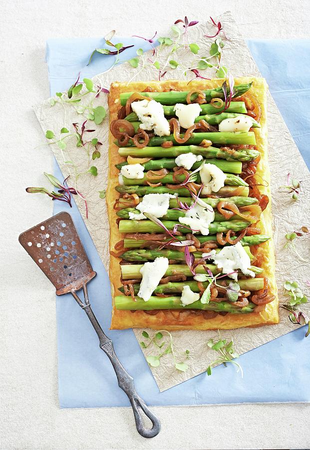 Puff Pastry Tart With Green Asparagus, Caramelised Onions And Gorgonzola Photograph by Great Stock!