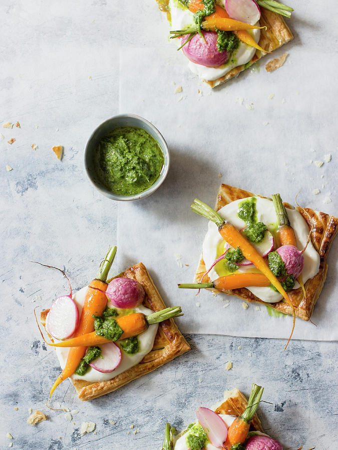 Puff Pastry Tart With Lemon Feta And Cream Cheese Spread, Roasted Baby Carrots, Radishes And Carrots Photograph by Zuzanna Ploch