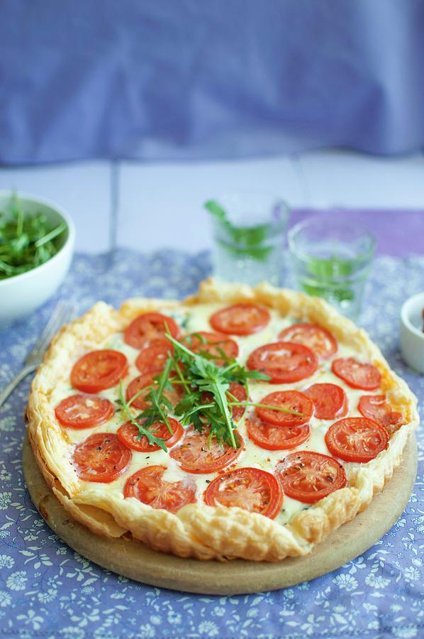 Puff Pastry Tart With Red Pestol, Blue Cheese, Mozzarella, Tomatoes And Rocket Photograph by Kachel Katarzyna