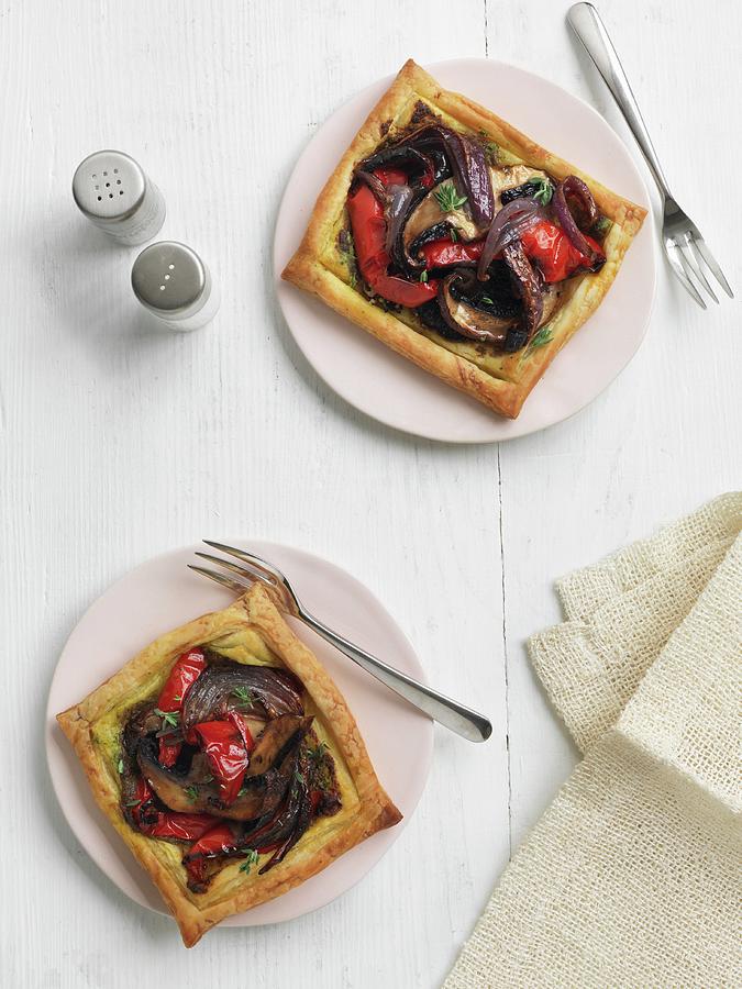 Puff Pastry Tarts With Mushrooms, Peppers And Onions Photograph by Jonathan Gregson