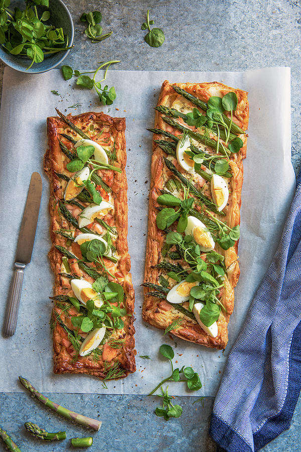 Puff Pastry Tarts With Salmon And Green Asparagus Photograph by Magdalena Hendey