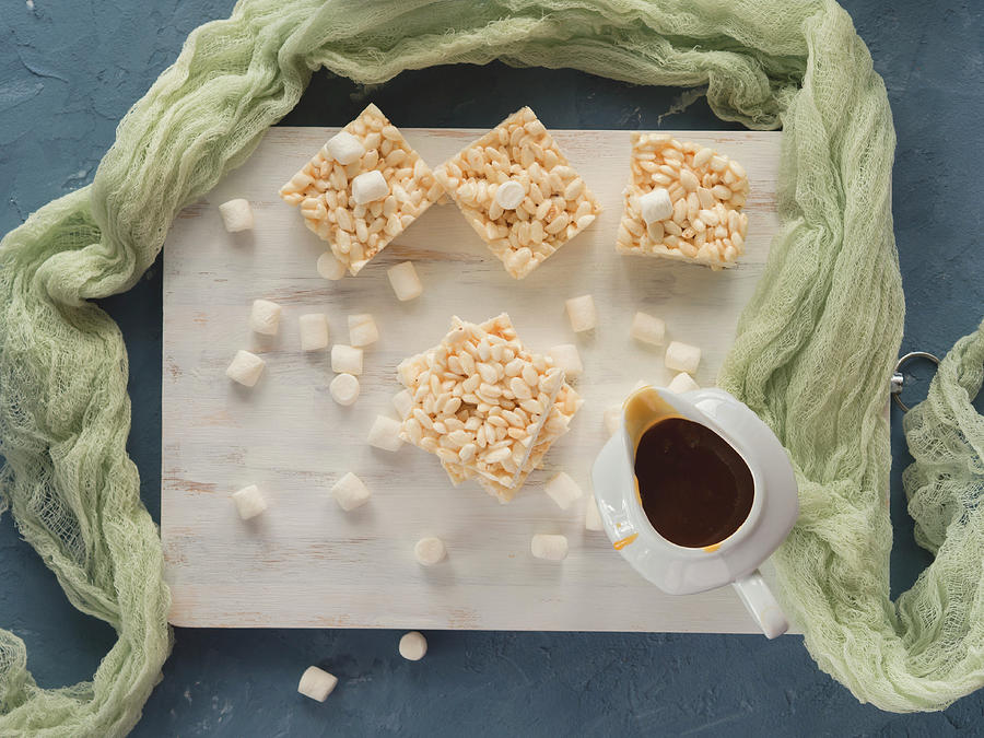 Puffed Rice And Marshmallow Bars With Caramel Sauce. Top View Photograph by Sofya Bolotina