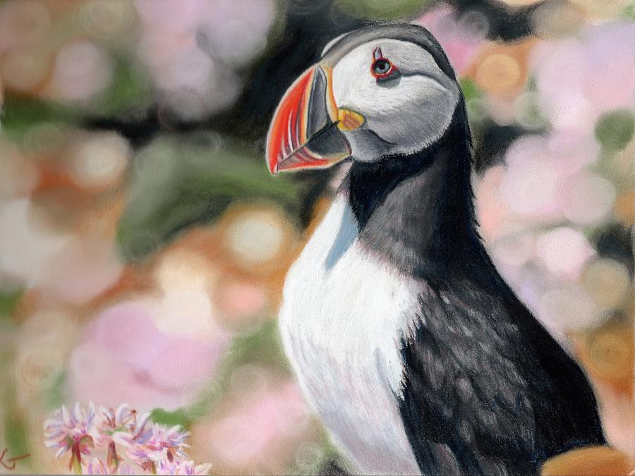 Puffin Amongst the Flowers  Pastel by Alexis King-Glandon