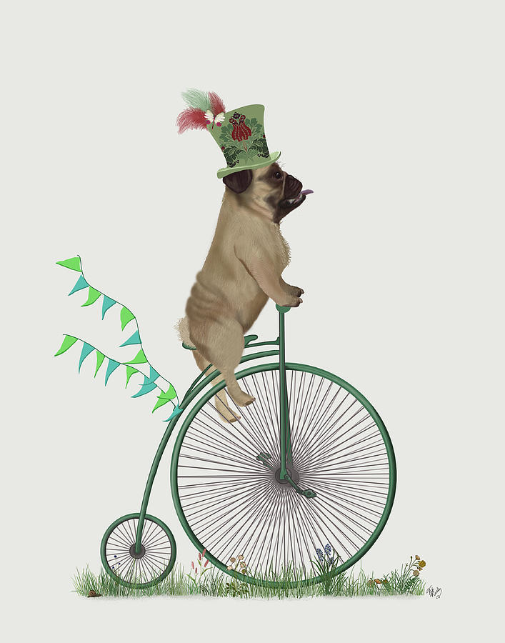 Pug On Penny Farthing Painting by Fab Funky