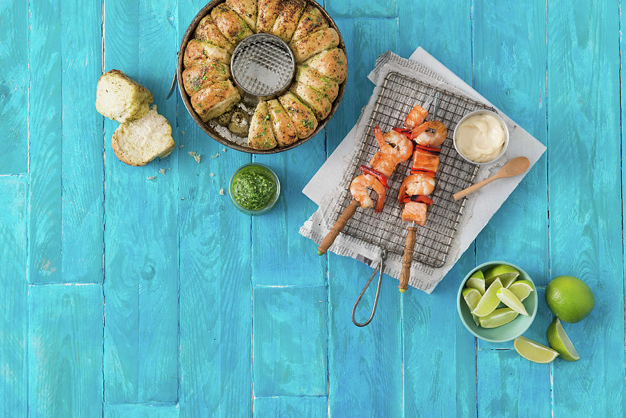 Pull-apart Bread And Prawn And Salmon Skewers Photograph by Fotografie-lucie-eisenmann