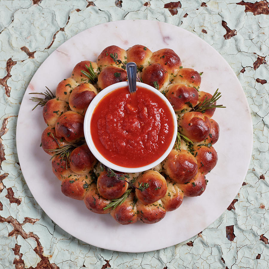 Pull-apart Wreath Bread With Goats Cheese And Rosemary Served With Marinara Sauce Photograph by Brenda Spaude