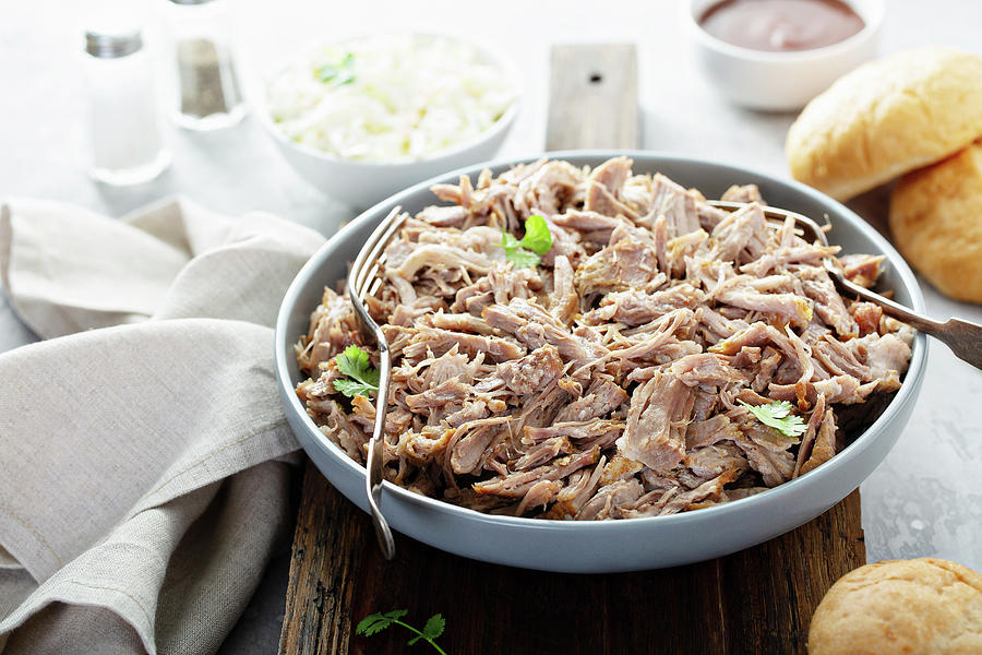 Pulled Pork On A Platter With Cole Slaw And Bbq Sauce Photograph by Elena Veselova