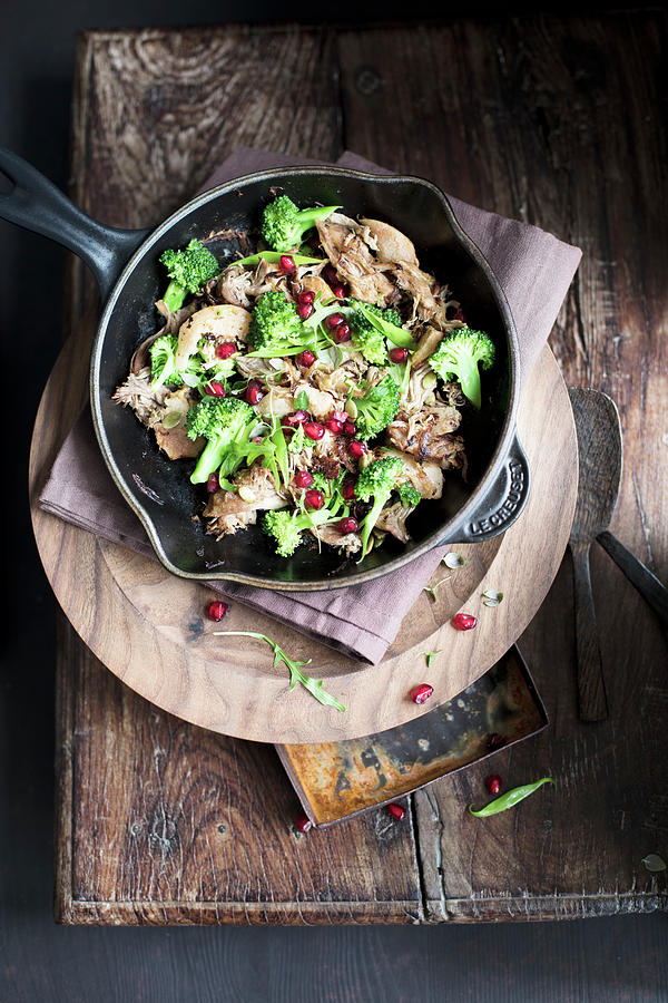 Pulled Pork Salad With Broccoli And Pomegranate Seeds Photograph by Lilia Jankowska