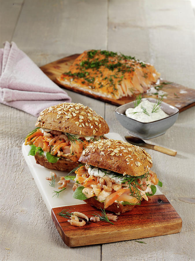 Pulled Salmon Burger With Shrimp Photograph by Photoart / Stockfood Studios