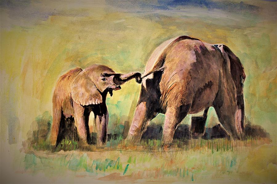 Elephant Painting - Pulling The Tail by Khalid Saeed Elephant Painting - Pulling The Tail by Khalid Saeed