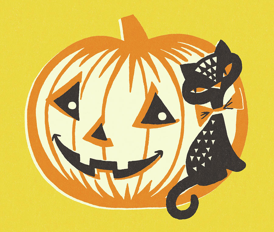 Halloween Drawing - Pumpkin and Black Cat by CSA Images