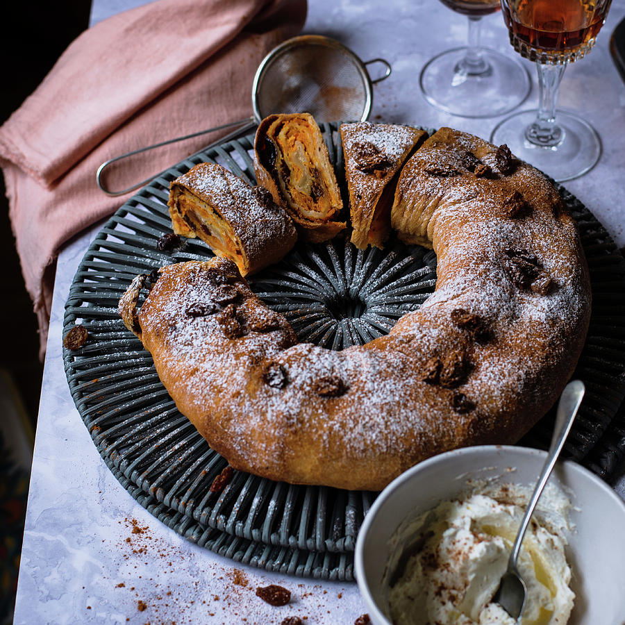 Pumpkin And Rum Strudel With Sultanas And Pumpkin Spice Whipped Cream Photograph by Irina G