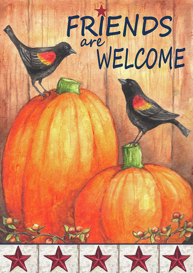 Pumpkin Blackbird Friends Welcome Painting by Melinda Hipsher