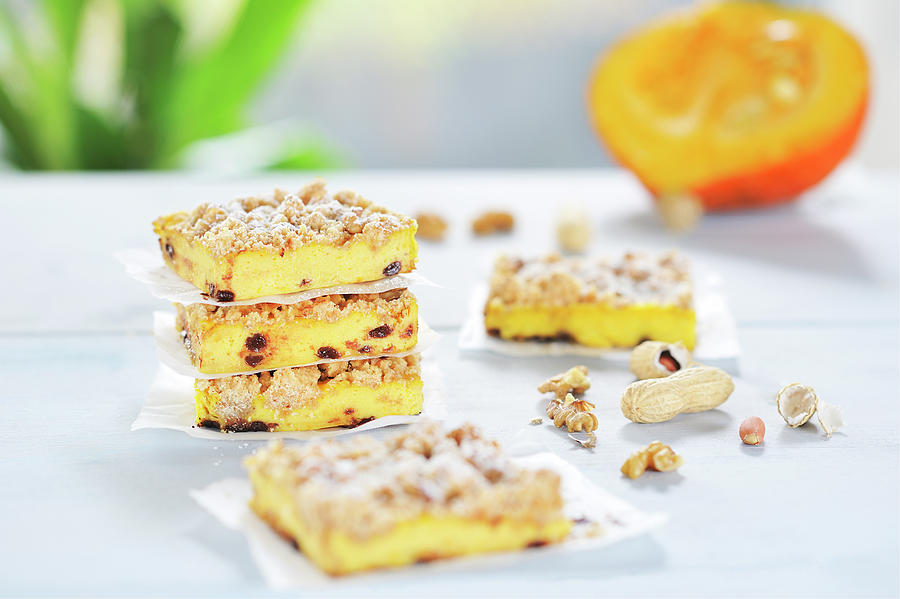 Pumpkin Cheesecake Bars With Walnut And Peanut Streusel And Chocolate Drops vegan Photograph by B.b.s Bakery