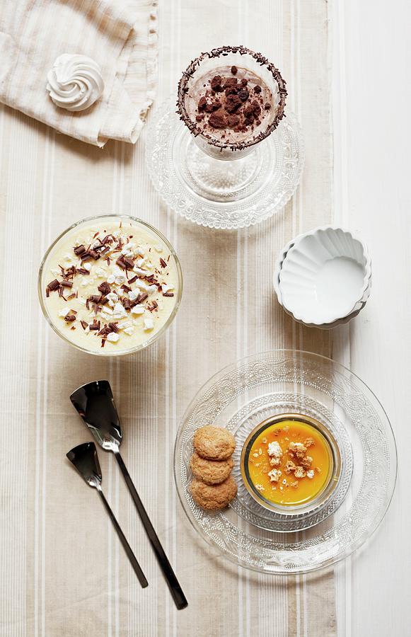 Pumpkin Cream With Amaretti Biscuits, Muscatel Cream With Meringue Pieces, And Coffee And Ricotta Cream With Chocolate Biscuit Pieces Photograph by Sjoberg, Marie