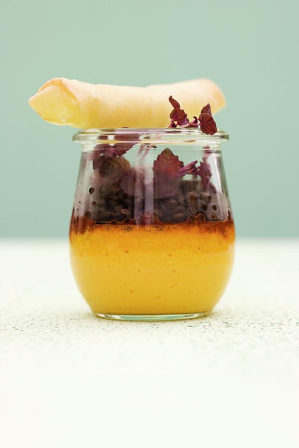 Pumpkin Flan With Hoisin Marinated Lentils And Cashew Nut Strudel In A Glass Photograph by Michael Wissing