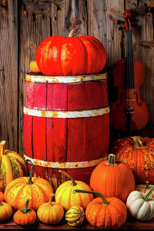 Pumpkin On Old Red Barrel Photograph by Garry Gay