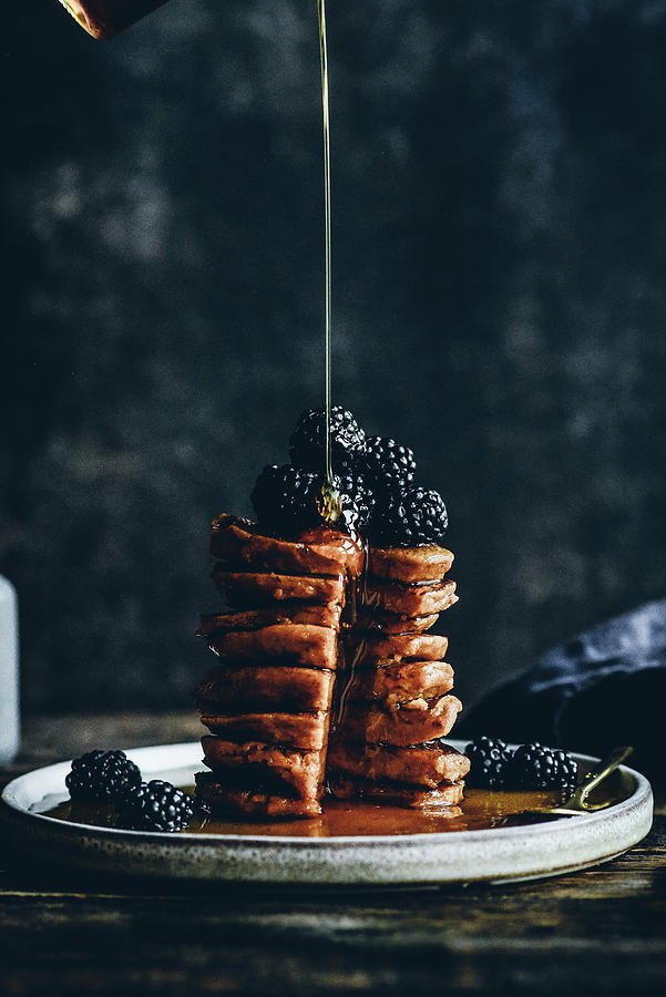 Pumpkin Pancakes With Blackberries And Maple Syrup Photograph by Kasia Wala