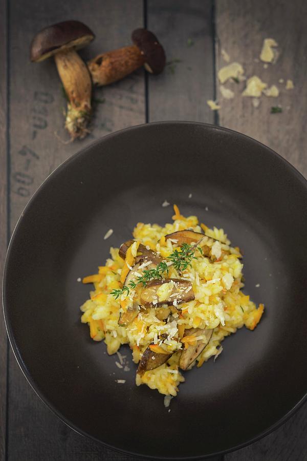 Pumpkin Risotto With Mushrooms seen From Above Photograph by Jan Wischnewski