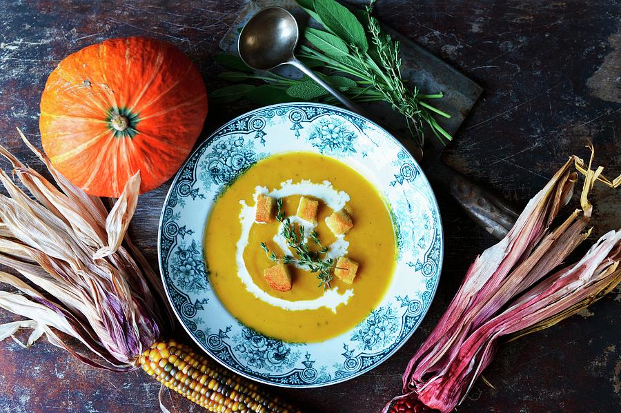 Pumpkin Soup For Halloween With Indian Corn Photograph by Holly Pickering