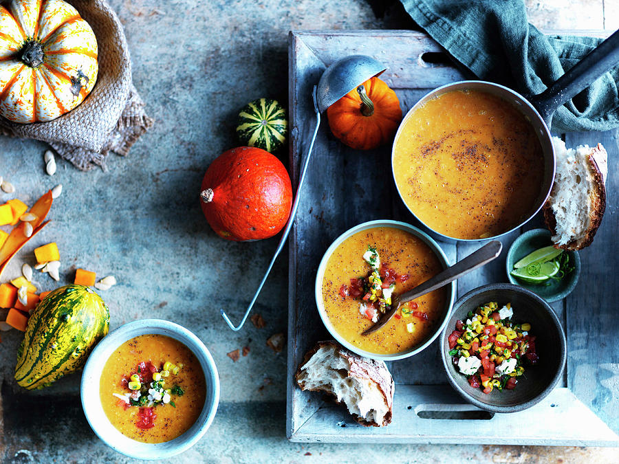 Pumpkin Soup With Sourdough And Pico De Gallo Photograph by Karen Thomas