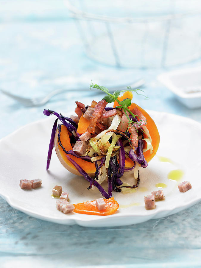 Pumpkin, Two Cabbage, Diced Bacon And Botifarra Sausage Salad Photograph by Lawton