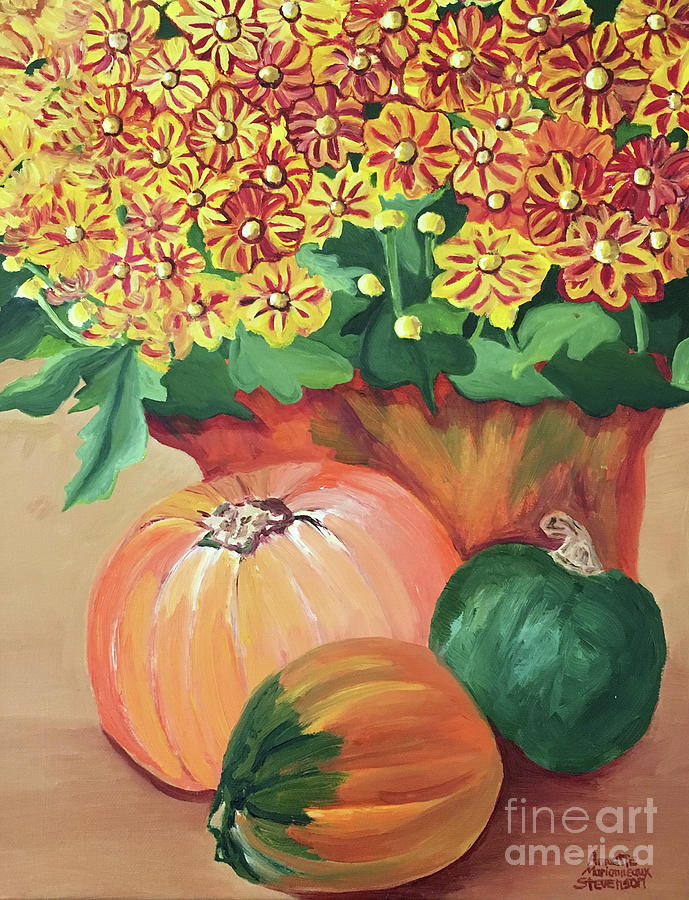 Pumpkin with Flowers Painting by Annette M Stevenson