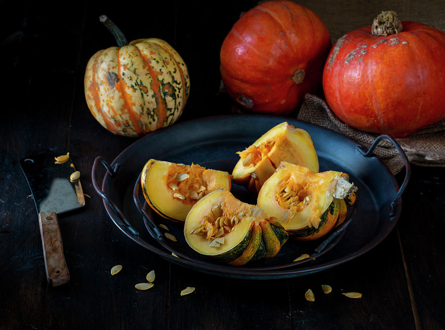 Pumpkins And Squashes With Squash Cut Open Photograph by Cath Lowe