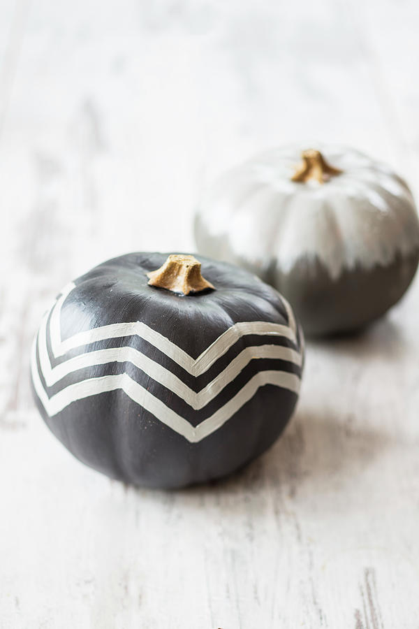 Pumpkins Painted Grey With White Pattern And Grey Ombr Photograph by Jan Wischnewski