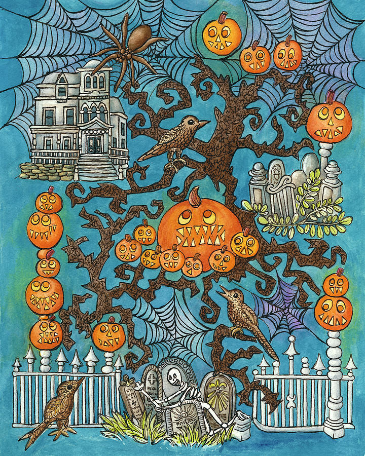 Skeleton Painting - Pumpkins Skeletons Spiders And Trees Blue A by Andrea Strongwater