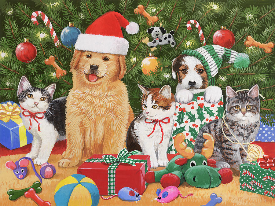 Cat Painting - Puppies & Kittens Christmas by William Vanderdasson