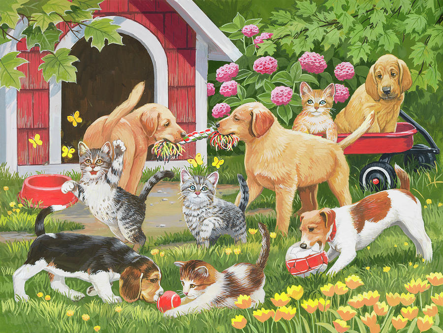 Animal Painting - Puppies And Kittens - Spring And Summer Theme by William Vanderdasson