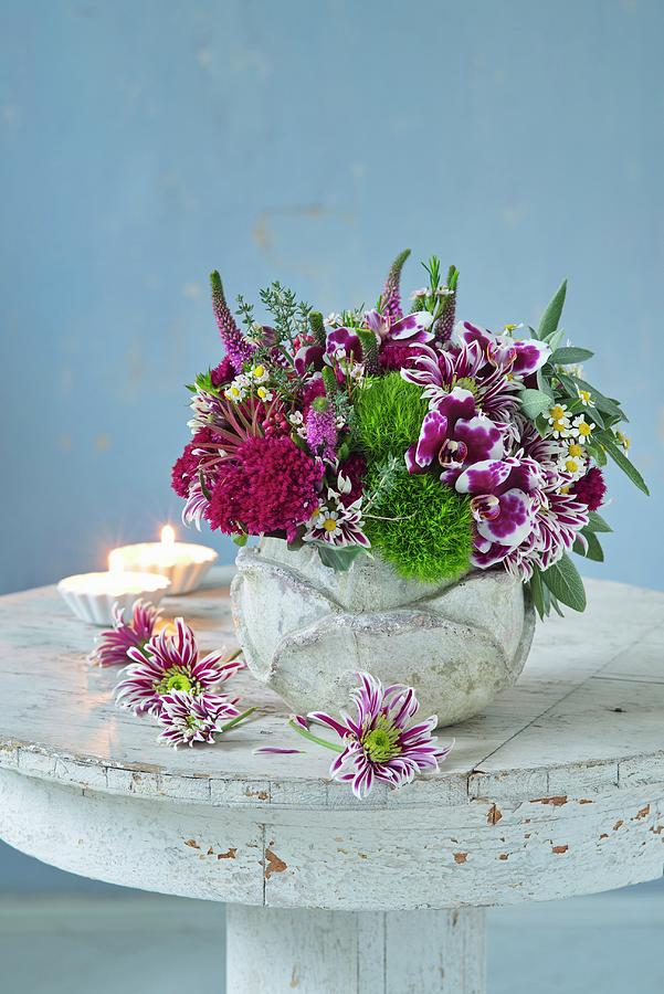 Purple And Green Bouquet Of Orchids, Chrysanthemums And Speedwell Photograph by Alena Hrbkov
