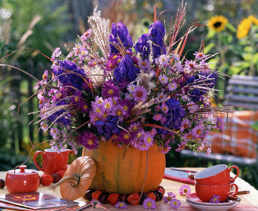 Purple Autumn Bouquet In Pumpkin Vase Photograph by Friedrich Strauss