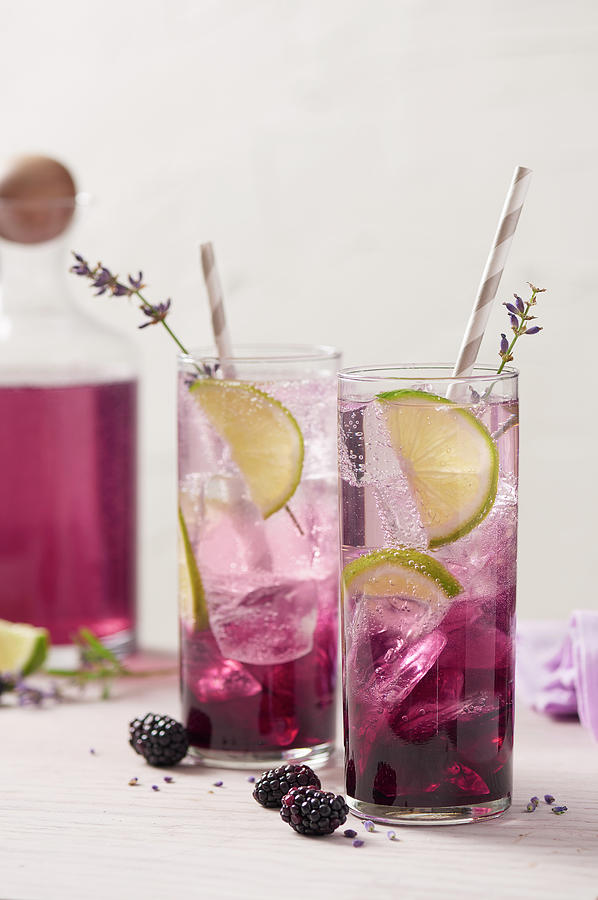 Purple Blackberry Cocktails With Ice, Lime Slices And Lavender Photograph by Janellephoto