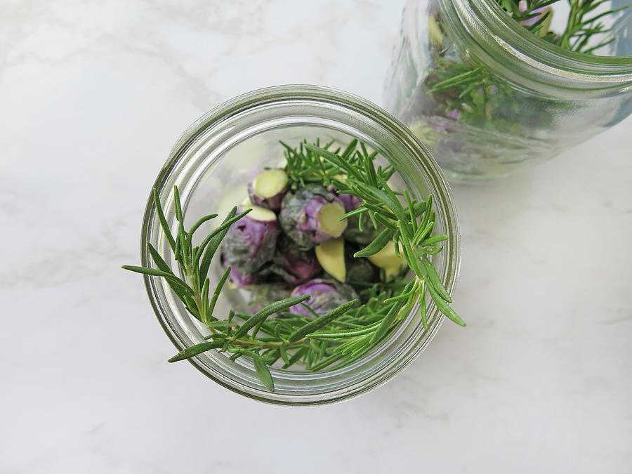 Purple Brussels Sprouts In Two Jars To Be Pickled With Rosemary Photograph by Emily Brooke Sandor