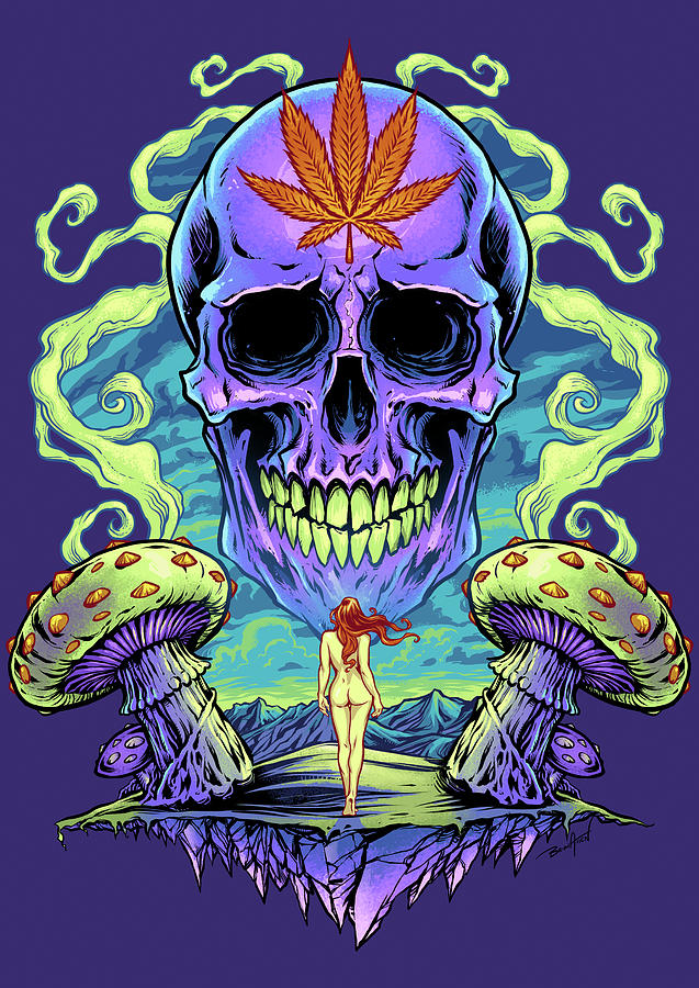Purple Cannabis Skull With Mushrooms by Flyland Designs.